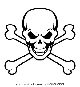 skull and crossbones, black and white vector tattoo illustration of human skull with crossed bones, isolated on white background