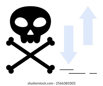 Skull and crossbones with blue arrows represent danger and computational analysis Ideal for themes, of warning data processing cybersecurity digital risk and computing threats Modern minimalist style