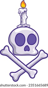 Skull with crossbones and burning candles, vector cartoon Illustration. Good for sticker, clipart, print, element, mascot