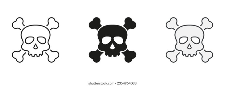 Skull with Crossbones for Celebration Halloween Line and Silhouette Icon Set. Toxic, Danger, Poison Symbol Collection. Skeleton Face with Cross Bones Pictogram. Isolated Vector Illustration.