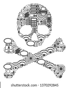 Skull and Crossbones collage icon organized for bigdata and computing purposes. Vector skull and crossbones mosaics are united from computer, calculator, connections, wi-fi, network,