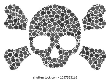 Skull Crossbones collage of round dots in variable sizes and color tones. Round dots are organized into skull crossbones vector collage. Vector design concept.