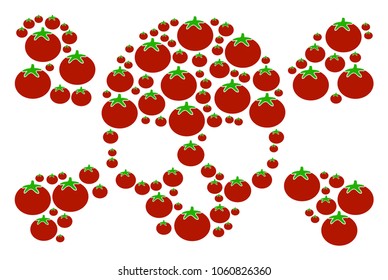 Skull Crossbones collage of tomato in variable sizes. Vector tomato vegetable symbols are organized into skull crossbones illustration. Tomatoes vector illustration.