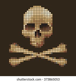 Skull and crossbones collected from pixels on a brown background.