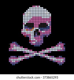 Skull and crossbones collected from pixels on a black background.