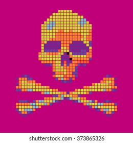 Skull and crossbones collected from pixels on a pink background.