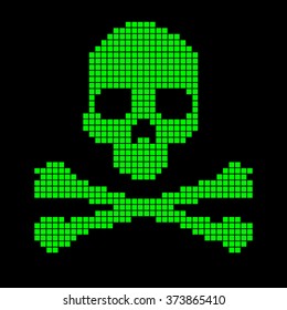 Skull and crossbones collected from pixels on a black background.
