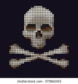 Skull and crossbones collected from pixels on a black background.