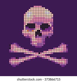 Skull and crossbones collected from pixels on a purple background.