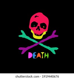 Skull crossbones colorful logo icon sign Death lettering Hand drawn head symbol Cartoon children's style Festive design Fashion print clothes apparel greeting invitation card cover flyer poster ad