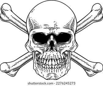 Skull and crossbones or cross bones. An original illustration in an old vintage woodcut etching engraving style