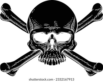 Skull and crossbones or cross bones. An original illustration in an old vintage woodcut etching engraving style