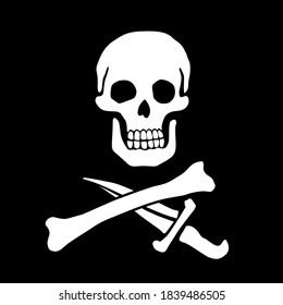 Calavera con huesos cruzados y daga. Ilustración vectorial en blanco y negro sobre fondo negro