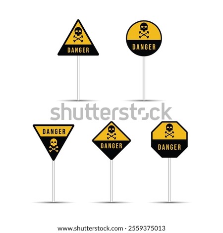 Skull and crossbones danger road sign isolated on a white background. Caution billboard of poison, toxic, chemical, and electricity. Five different shapes of danger and warning traffic sign.