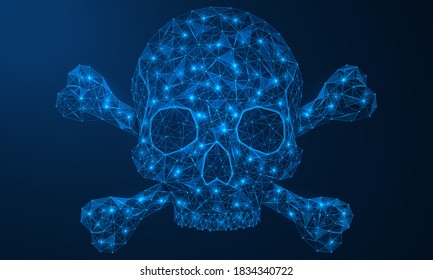 Skull and crossbones. Danger warning sign. Polygonal construction of concatenated lines and points. Blue background.