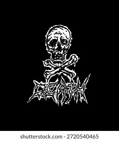 Calavera y huesos cruzados con tipografía de letras de muerte Vector blanco y negro. Ilustración dibujada a mano para Mercancía de ropa de impresión de camiseta