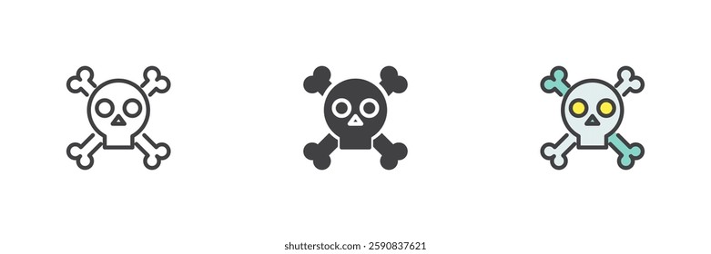 Skull and crossbones different style icon set. Line, glyph and filled outline colorful version, outline and filled vector sign. Death symbol, logo illustration. Vector graphics