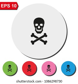 Skull and crossbones flat round colorful vector icon.