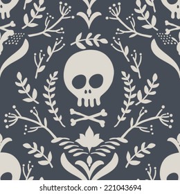 Skull and crossbones with floral pattern on gray background