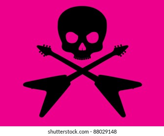 Skull and Crossbones with Flying V Guitar on Hot Pink Background