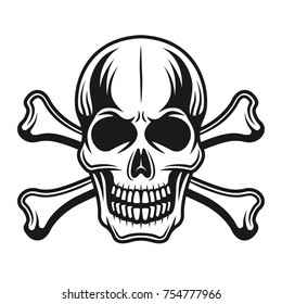 Skull with crossbones front view vector detailed illustration in monochrome vintage style on white background