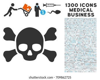 Skull Crossbones gray vector icon with 1300 medicine commercial pictograms. Collection style is flat bicolor light blue and gray pictograms.