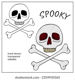 Skull and Crossbones. Hand drawn doodle colorful cartoon skull for halloween decoration, design, coloring books. Scary Pirates Symbol.