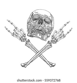 Skull and crossbones hands with gesture of heavy metal, rock and satan. Handmade detailed drawing. Vector illustration.