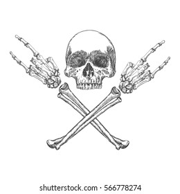 Skull and crossbones hands with gesture of heavy metal, rock and satan. Handmade detailed drawing. Vector illustration.