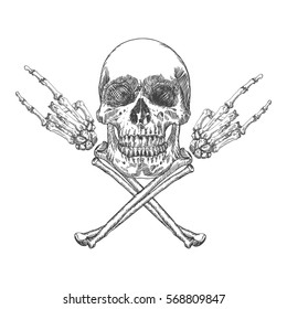 Skull and crossbones hands with gesture of heavy metal, rock and satan. Handmade detailed drawing. Vector illustration.