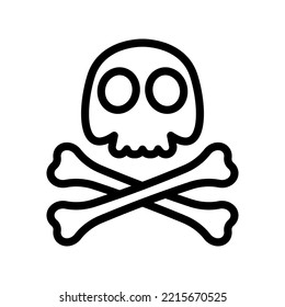 Icono de cráneo y cruces. Silueta lineal de contorno negro. Vista frontal. trazos editables. Ilustración gráfica plana vectorial simple. Objeto aislado sobre un fondo blanco. Aislar.