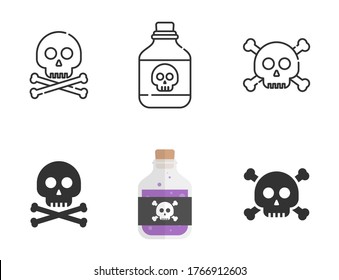 icono del cráneo y los cruces, botella de veneno o toxina química venenosa con etiqueta del cráneo, elemento de diseño de Halloween o clásica bandera pirata "Jolly Roger". Esquema, línea. ilustración plana vectorial.