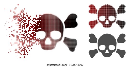 Skull crossbones icon in dispersed, pixelated halftone and undamaged entire variants. Pixels are combined into vector dispersed skull crossbones icon.