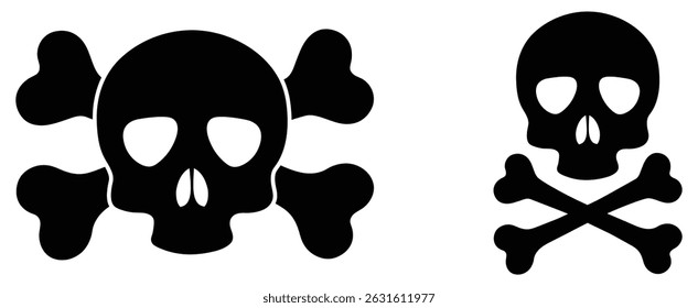 Skull and crossbones icon in a flat design in black color on white background.  Jolly Roger logo template. Danger warning skull design. Toxic symbol black silhouette. Vector illustration