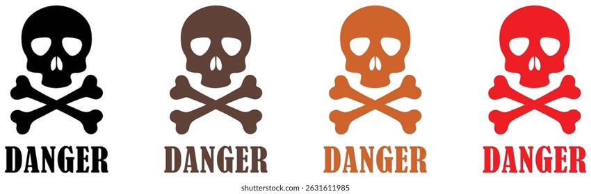Skull and crossbones icon in a flat design. Scary toxic skull silhouette. Death alert vector illustration. Danger signboard collection on white background.  Danger warning skull design. Vector 
