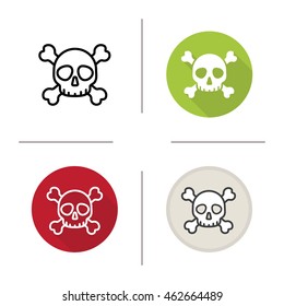 Skull with crossbones icon. Flat design, linear and color styles. Death symbol. Poison warning sign. Isolated vector illustrations