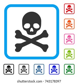 Skull And Crossbones icon. Flat grey iconic symbol in a light blue rounded rectangular frame. Black, gray, green, blue, red, orange color variants of Skull And Crossbones vector.