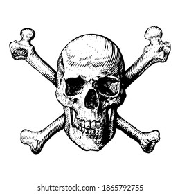 A skull and crossbones icon illustration like a pirates jolly roger sign. vector icon, isolated, on a white background