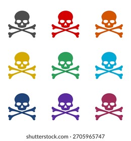 Cráneo y el icono de los huesos cruzados aislados en el fondo blanco. Establecer iconos de colores