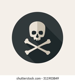 Skull and crossbones icon on round dark background. Vector flat illustration