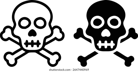 Skull and Crossbones Icon Set – Black and White Danger Symbol Vector Illustration