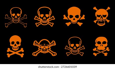 Icono de cráneo y huesos cruzados en estilo de Vector naranja con motivos de peligro, veneno y piratas para Plantillas de diseño EPS.