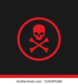 Skull and crossbones icon symbol on perfect circle set red on black background