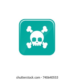 skull and crossbones icon in turquoise glossy square. Vector flat icon isolated on white.  Danger sign. Game over pictogram. Vector illustration