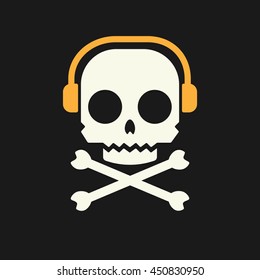 Skull and crossbones illustration with headphones.