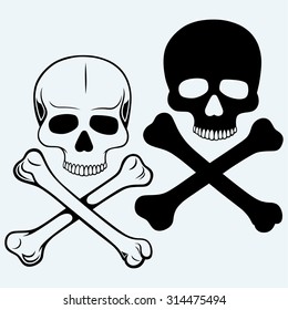 Skull and crossbones. Isolated on blue background
