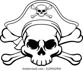 A skull and crossbones jolly roger wearing a pirate hat which also has a cross bones on it