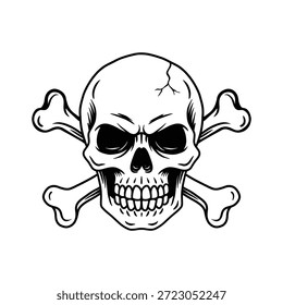 Caveira com Crossbones Line Art, Caveira Preto e Branco Ilustração Vetor
