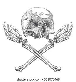 Skull and crossbones made of hands with gestures. Handmade detailed drawing. Vector illustration.