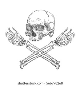 Skull and crossbones made of hands with gestures. Handmade detailed drawing. Vector illustration.